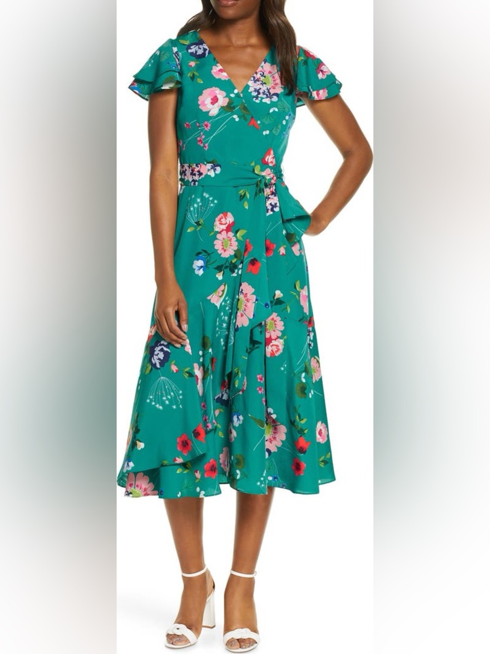 Eliza J Teal Floral Midi Dress with Pink and Red Blooms